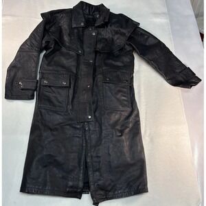 Vtg Unik International Premium Black Leather Duster Jacket - Size 14- Remov Cape
